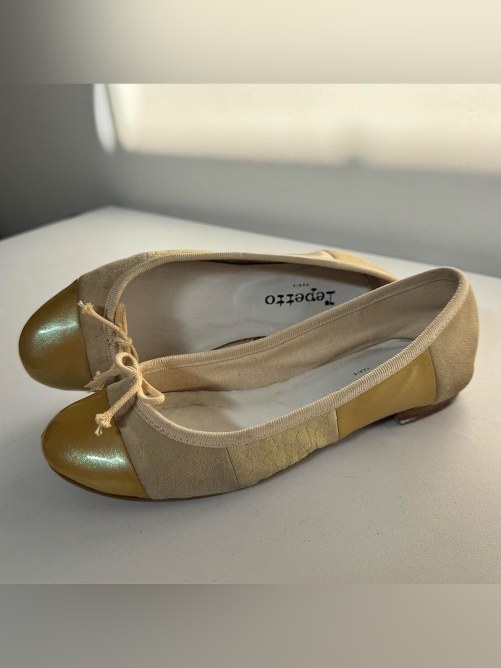 Repetto Beige Suede Flats with Gold Toe Cap
